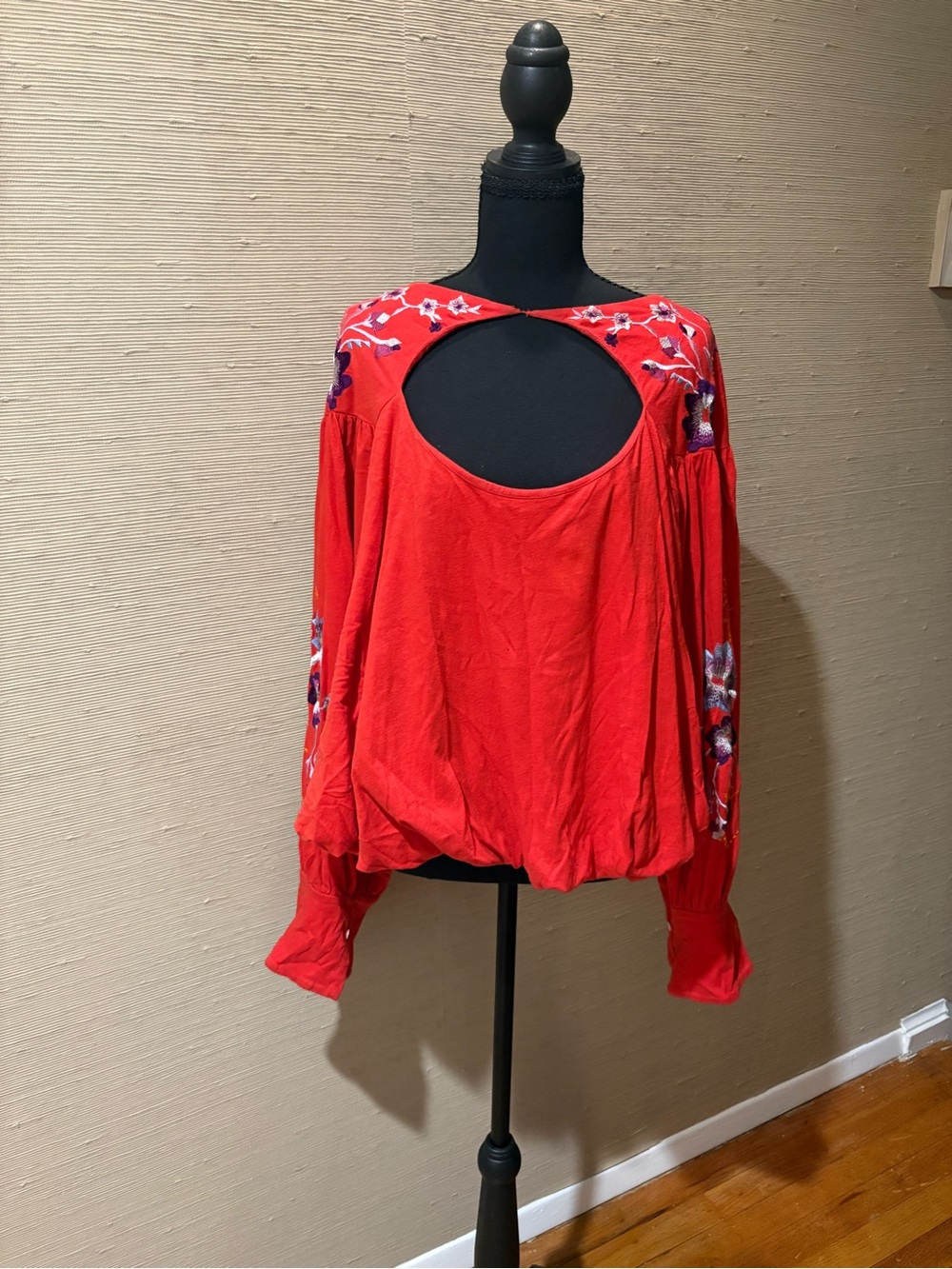 Free People Red Floral-Embroidered Open-Back Blouse